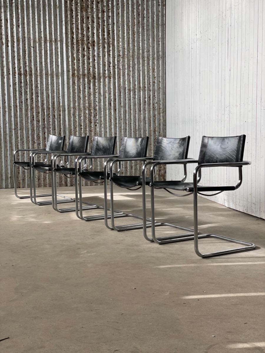 Set 6 vintage dining chairs Bauhaus model MG5/S34 black leather, 1980s