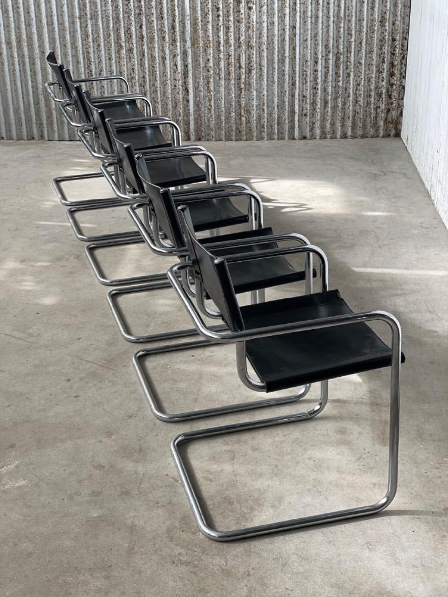 Set 6 vintage dining chairs Bauhaus model MG5/S34 black leather, 1980s