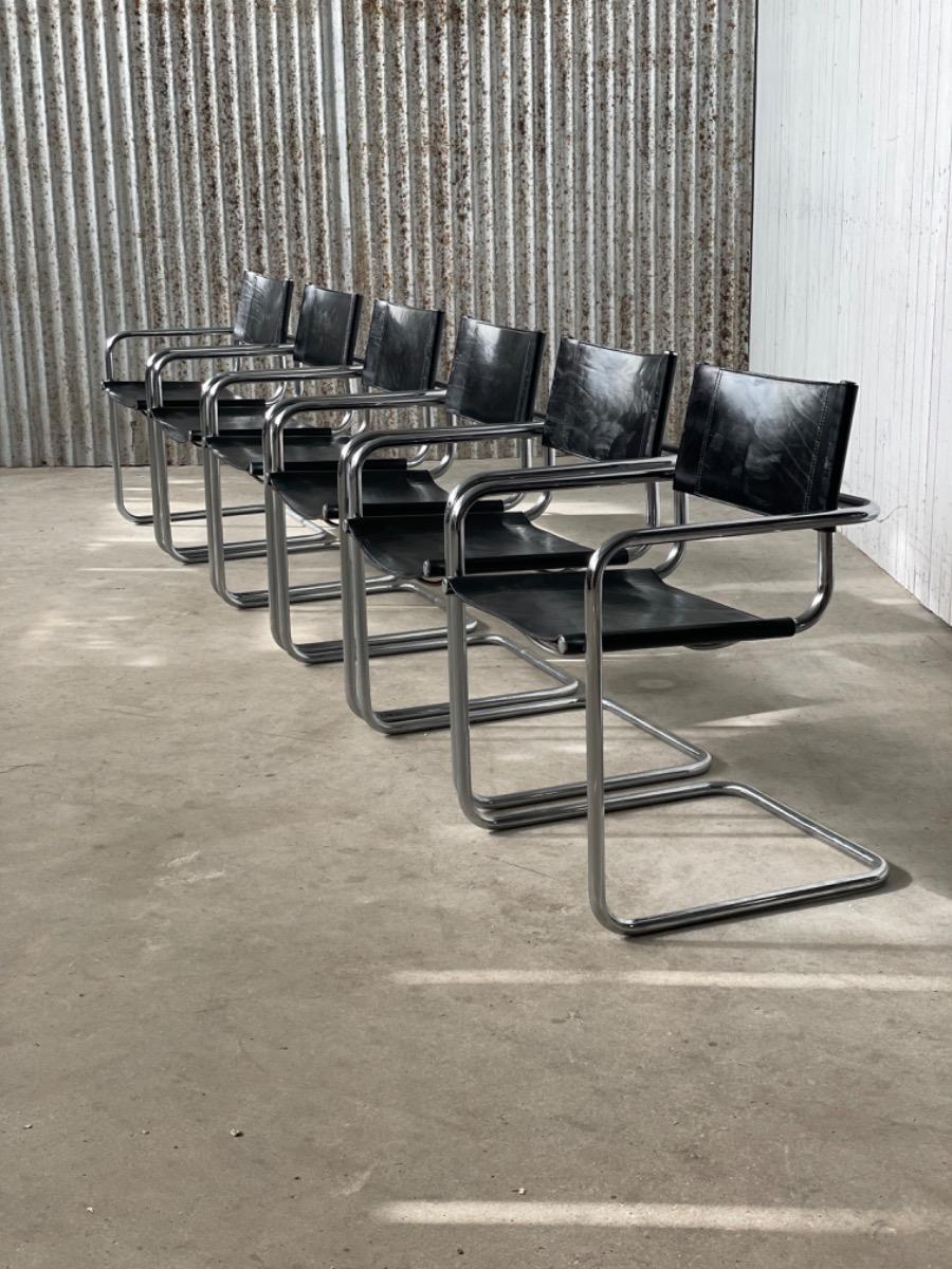 Set 6 vintage dining chairs Bauhaus model MG5/S34 black leather, 1980s