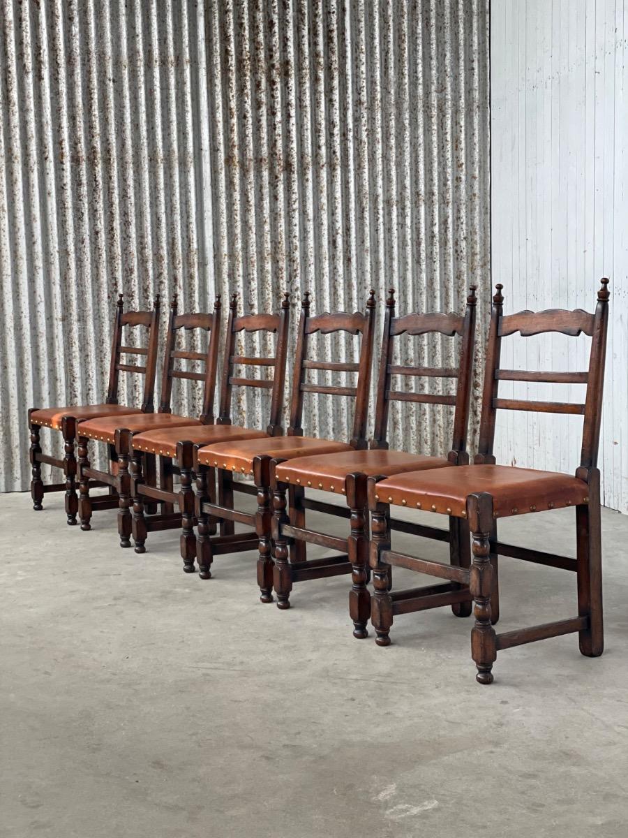 Set 6x Brutalist oak and leather dining chairs