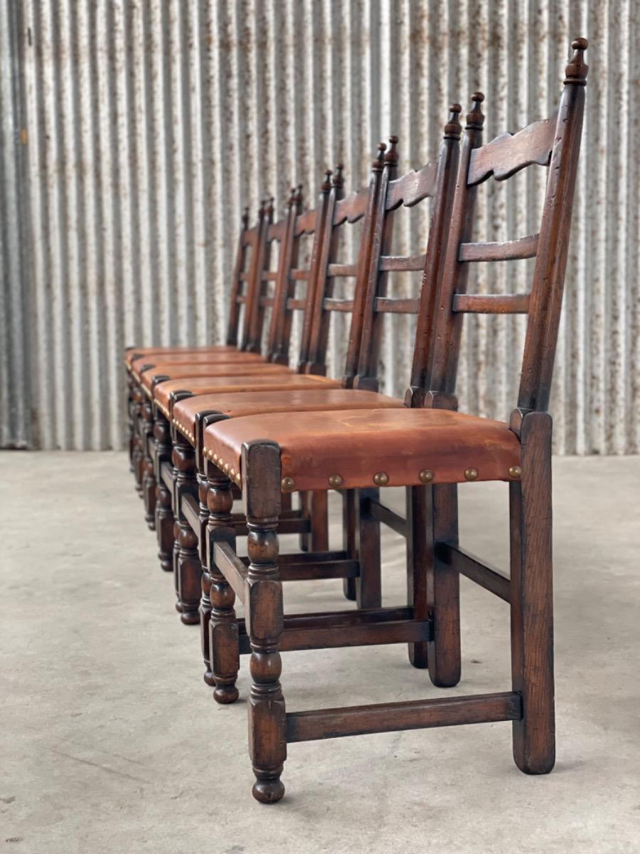 Set 6x Brutalist oak and leather dining chairs