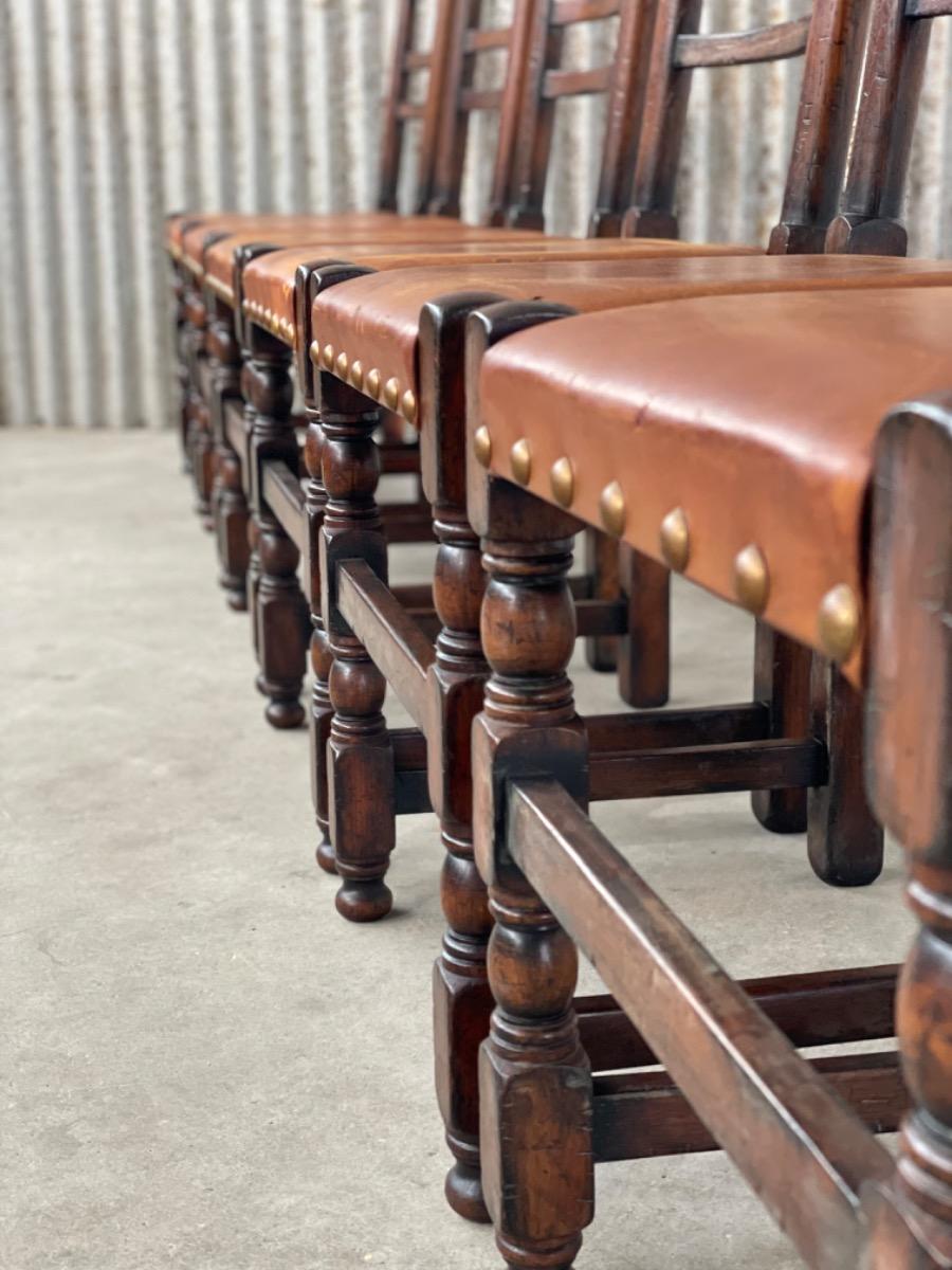 Set 6x Brutalist oak and leather dining chairs