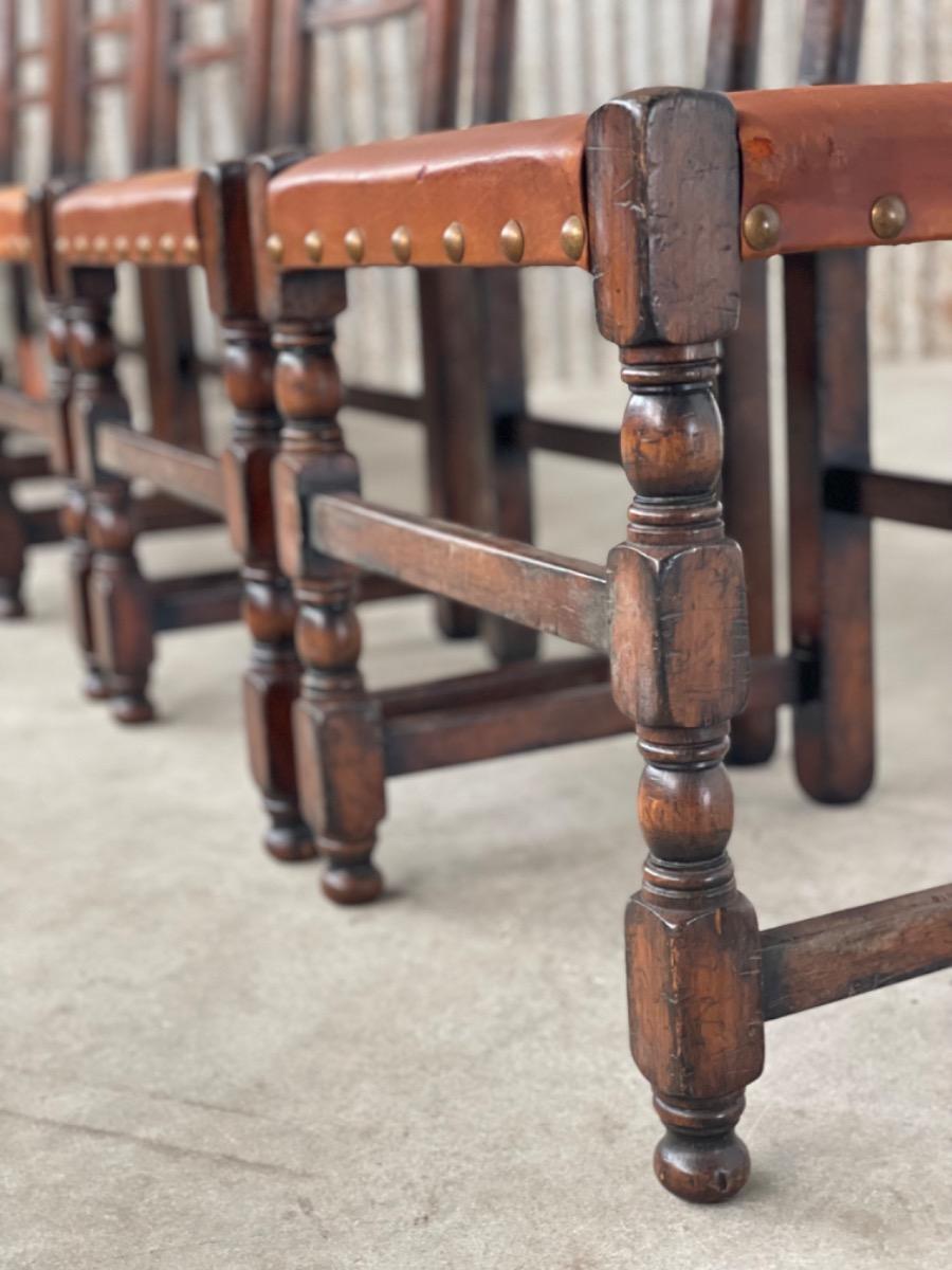 Set 6x Brutalist oak and leather dining chairs