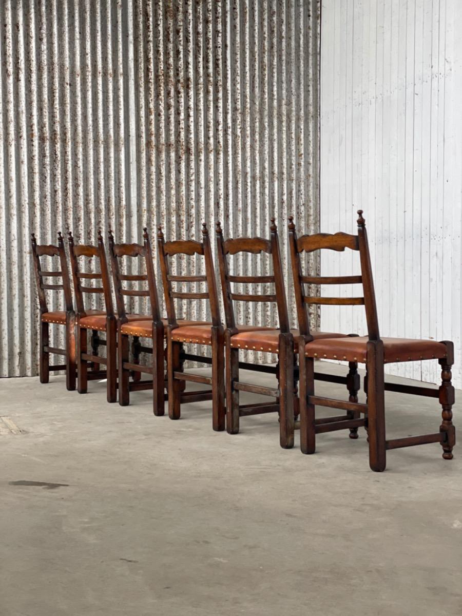 Set 6x Brutalist oak and leather dining chairs