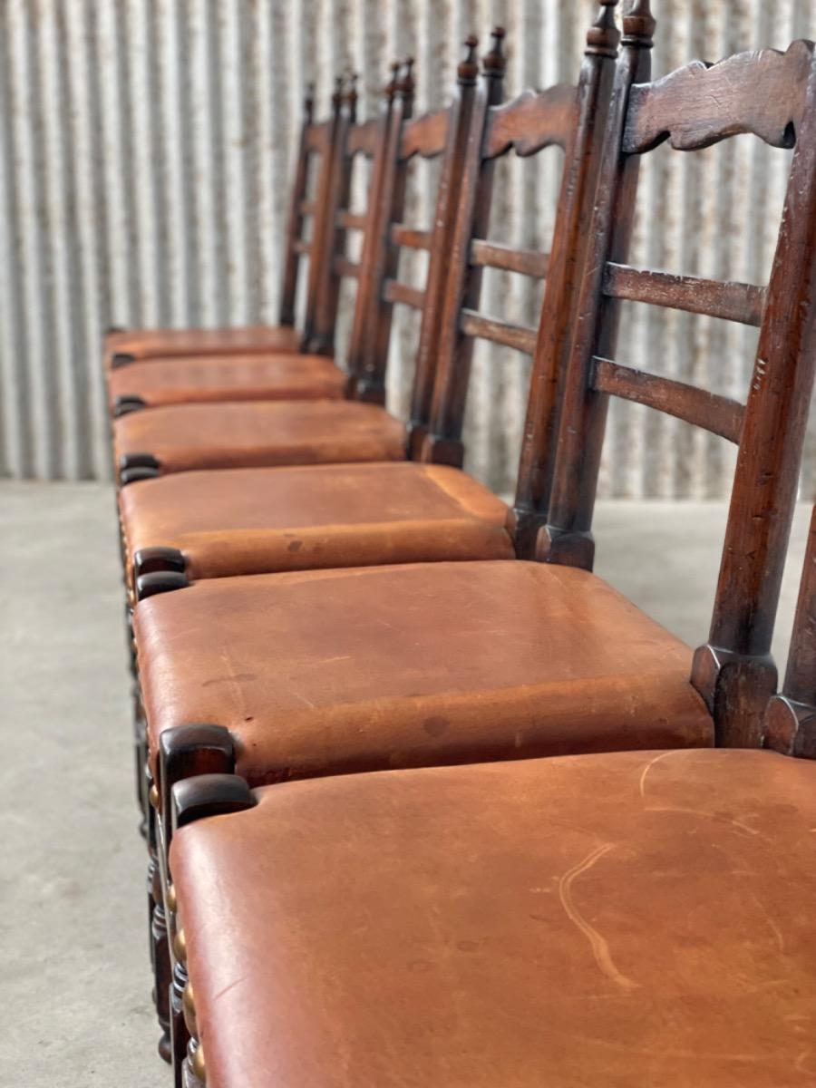 Set 6x Brutalist oak and leather dining chairs