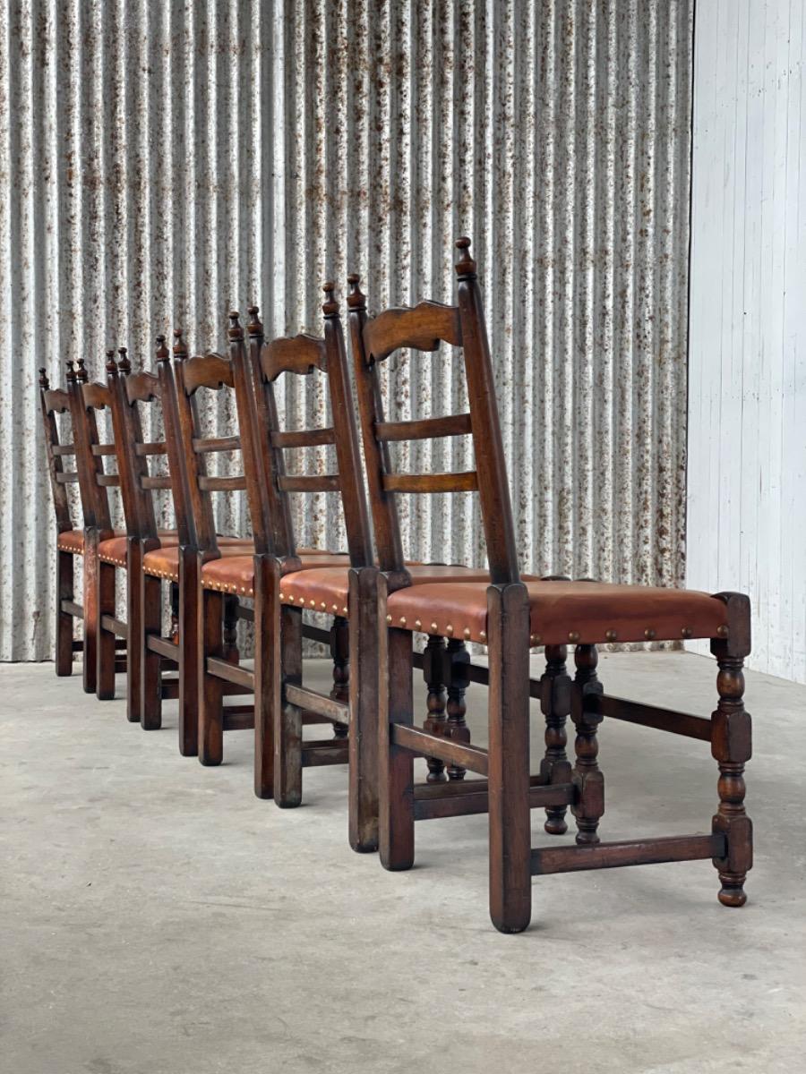 Set 6x Brutalist oak and leather dining chairs