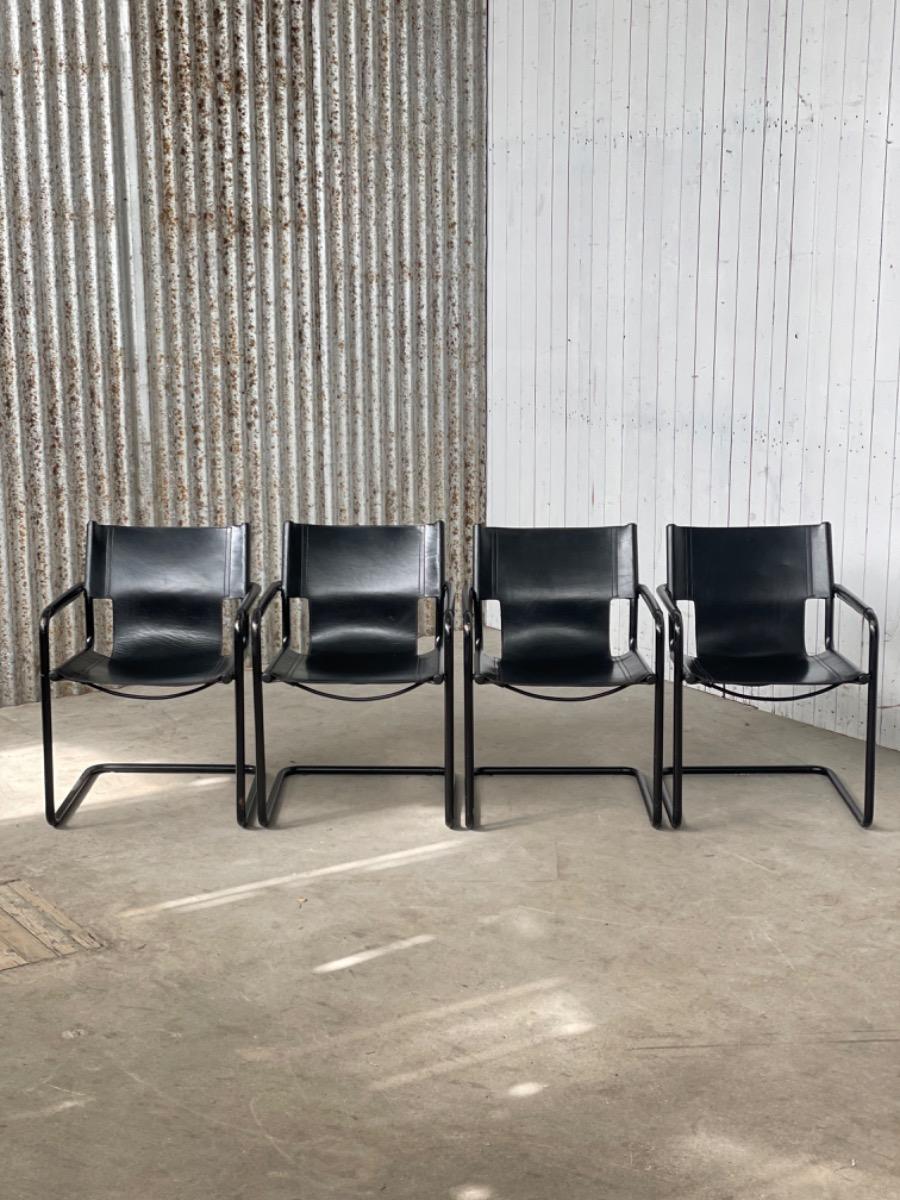 Set black leather Dining Chairs Vintage by Linea Veam, Italy 1980s