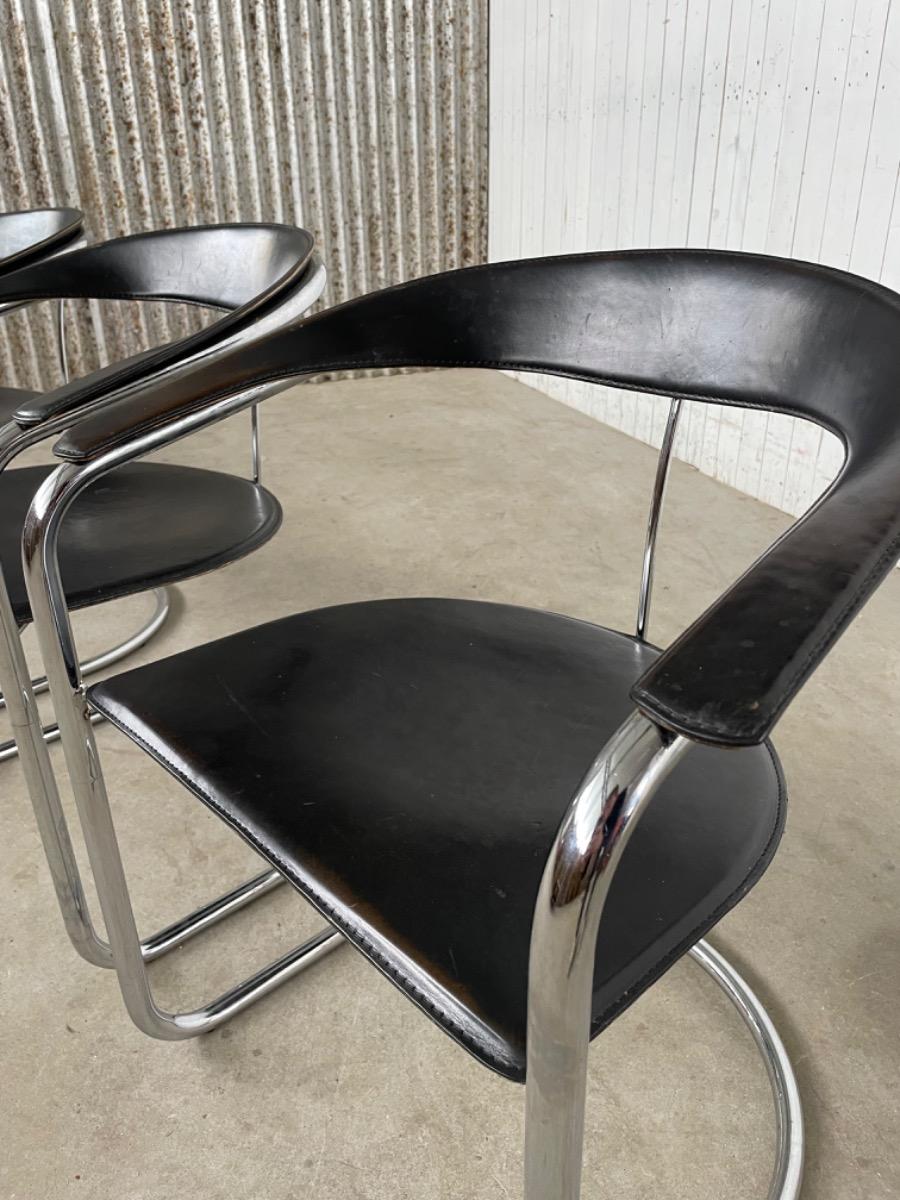 Set dining chairs black leather model Canasta by Arrben, Italy 1970s