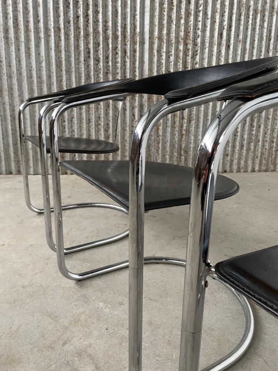 Set dining chairs black leather model Canasta by Arrben, Italy 1970s