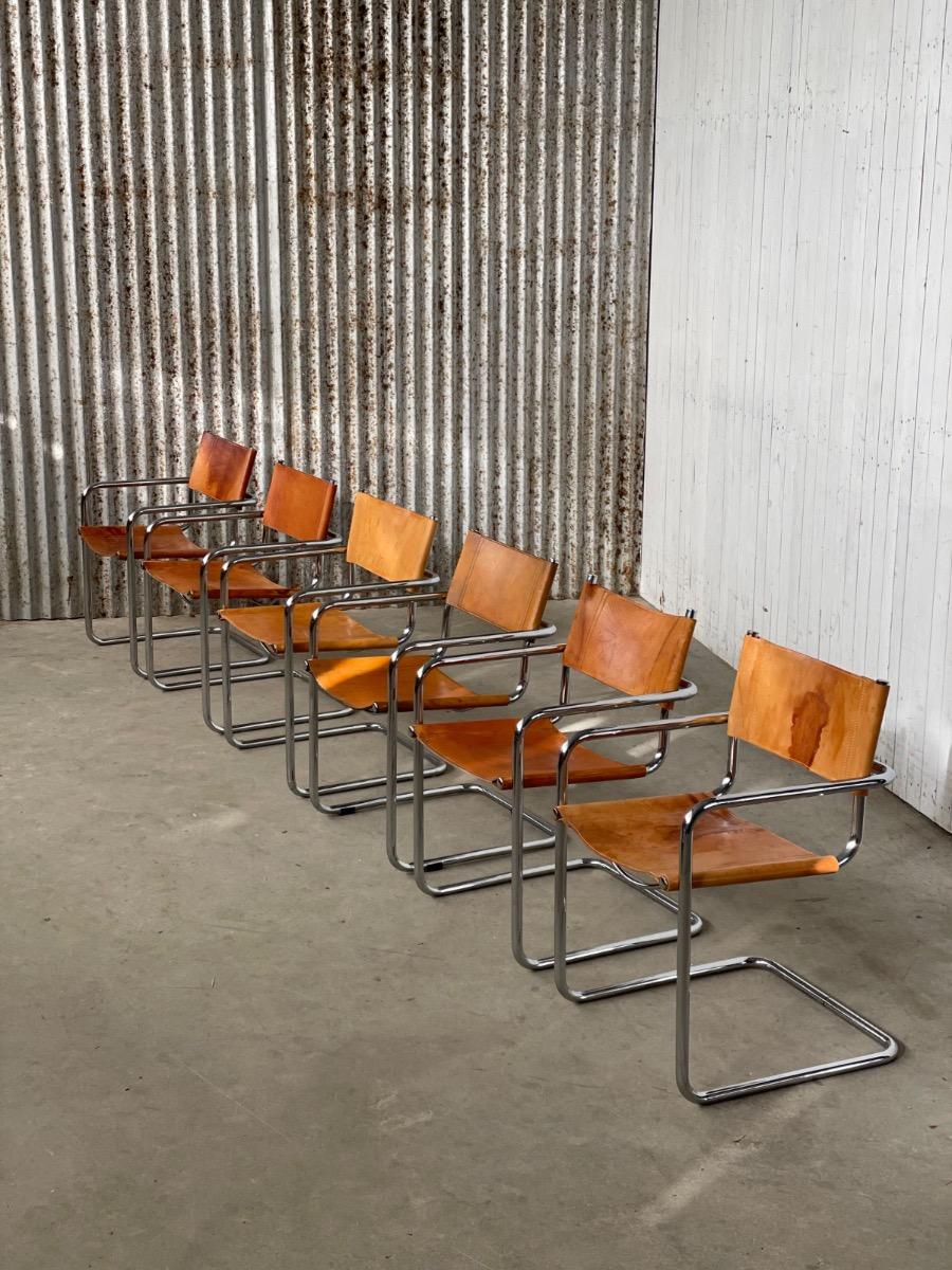 Set of 6 Mart Stam model S34 Dining chairs in Cognac leather, 1970s