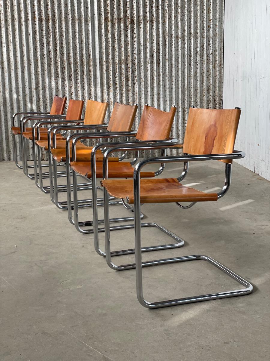 Set of 6 Mart Stam model S34 Dining chairs in Cognac leather, 1970s