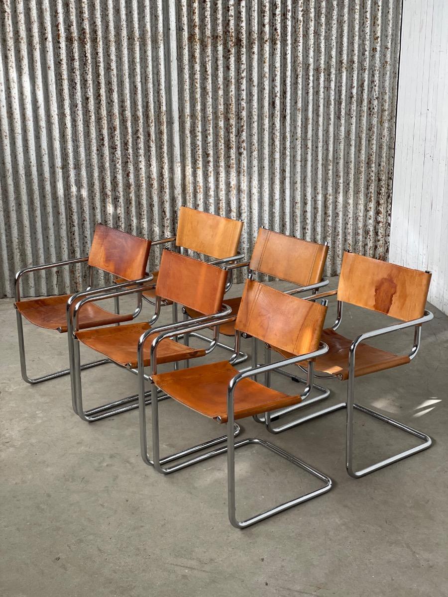 Set of 6 Mart Stam model S34 Dining chairs in Cognac leather, 1970s