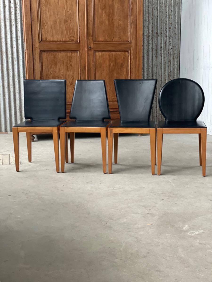 Set postmodern chairs with black saddle leather, 1980s France