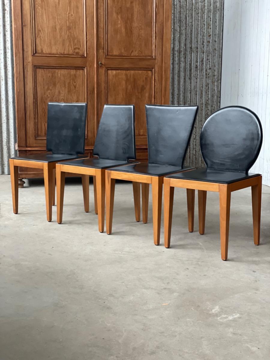 Set postmodern chairs with black saddle leather, 1980s France