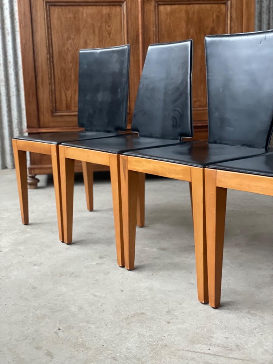 Set postmodern chairs with black saddle leather, 1980s France