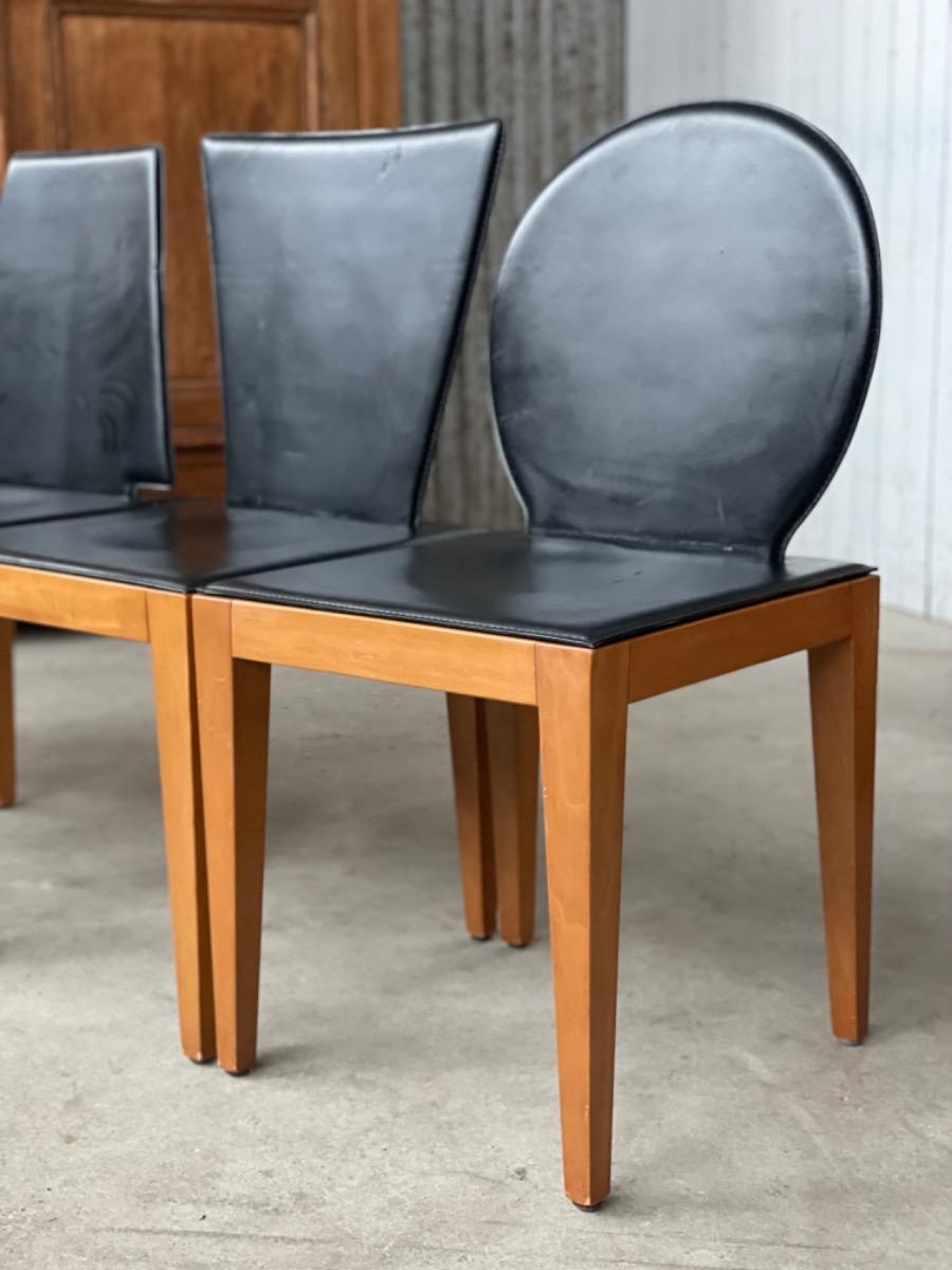 Set postmodern chairs with black saddle leather, 1980s France