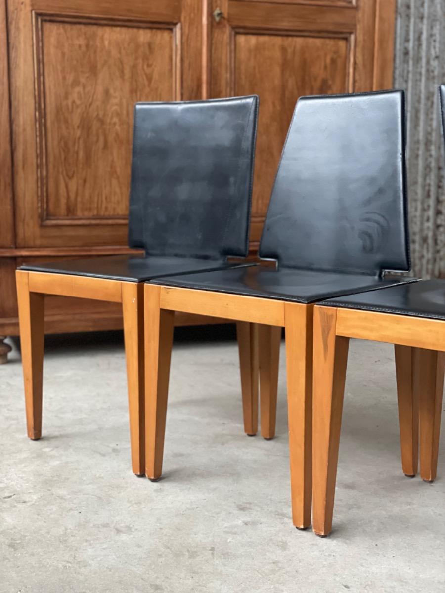 Set postmodern chairs with black saddle leather, 1980s France