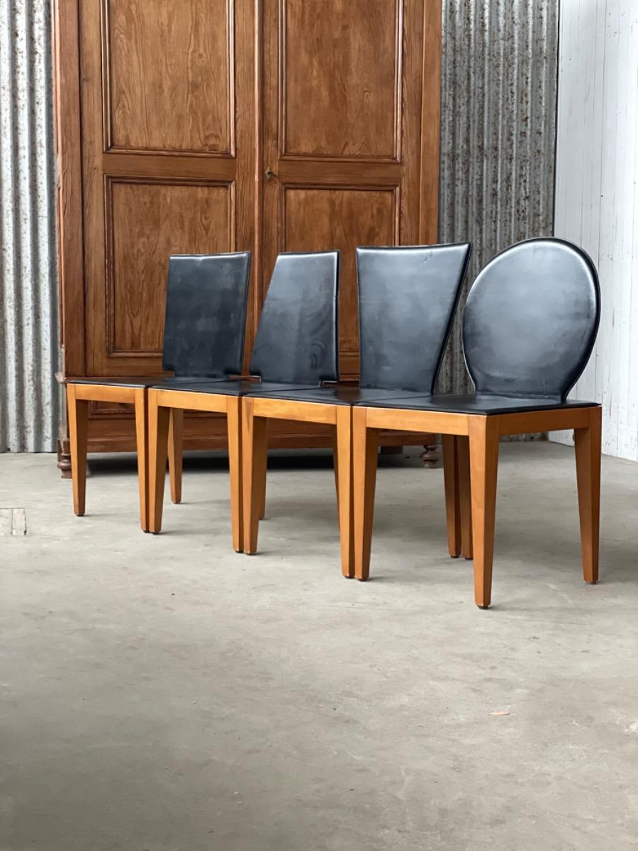 Set postmodern chairs with black saddle leather, 1980s France