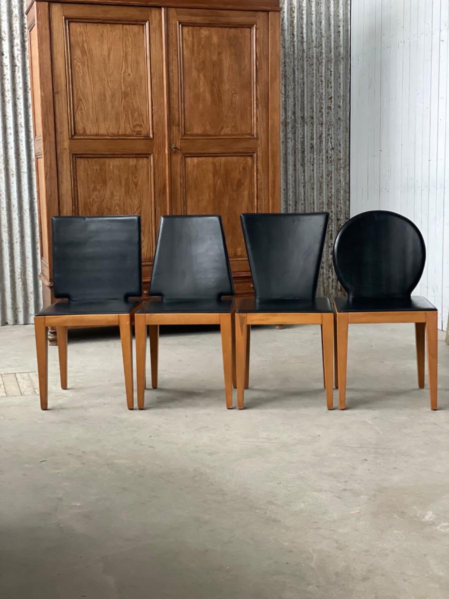 Set postmodern chairs with black saddle leather, 1980s France