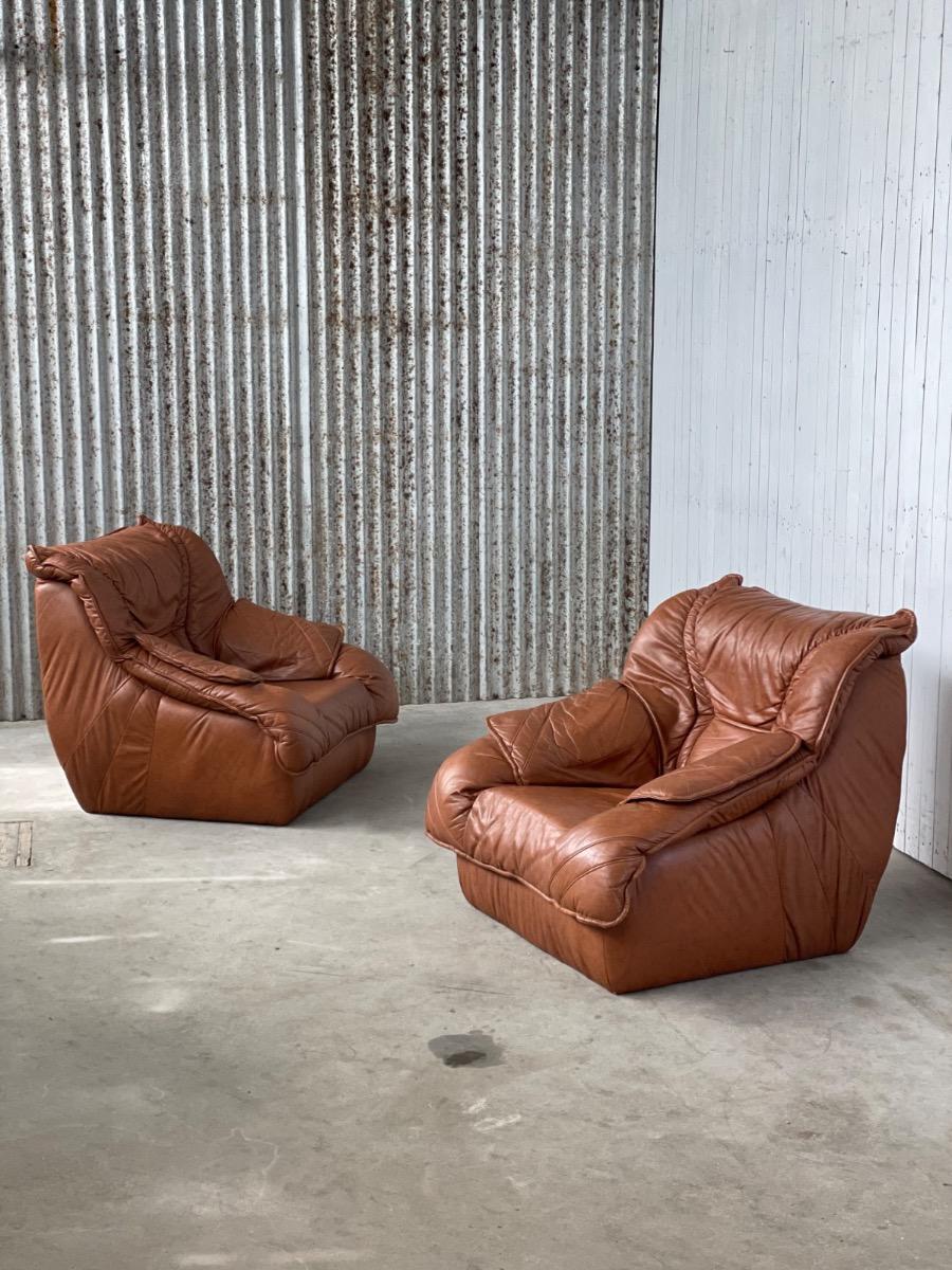 Set vintage brown leather loungechairs 1970s, Italy 