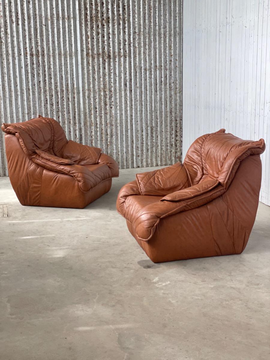 Set vintage brown leather loungechairs 1970s, Italy 