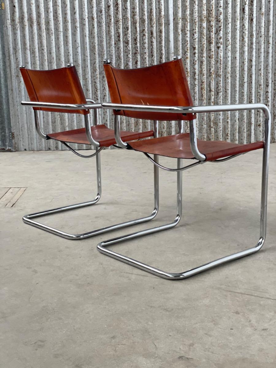 Set vintage dining chairs - MG5 Marcel Breuer - Cognac Brown leather 1960s