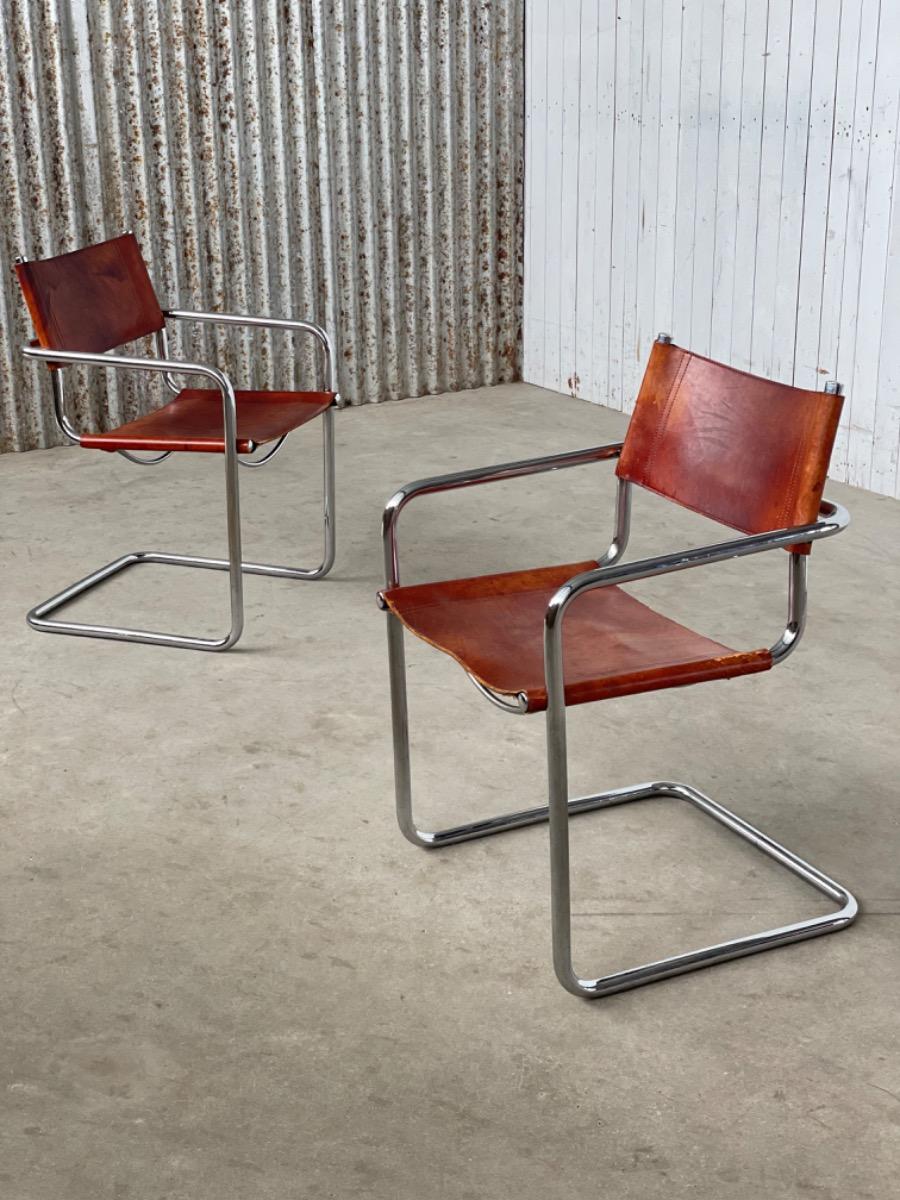 Set vintage dining chairs - MG5 Marcel Breuer - Cognac Brown leather 1960s