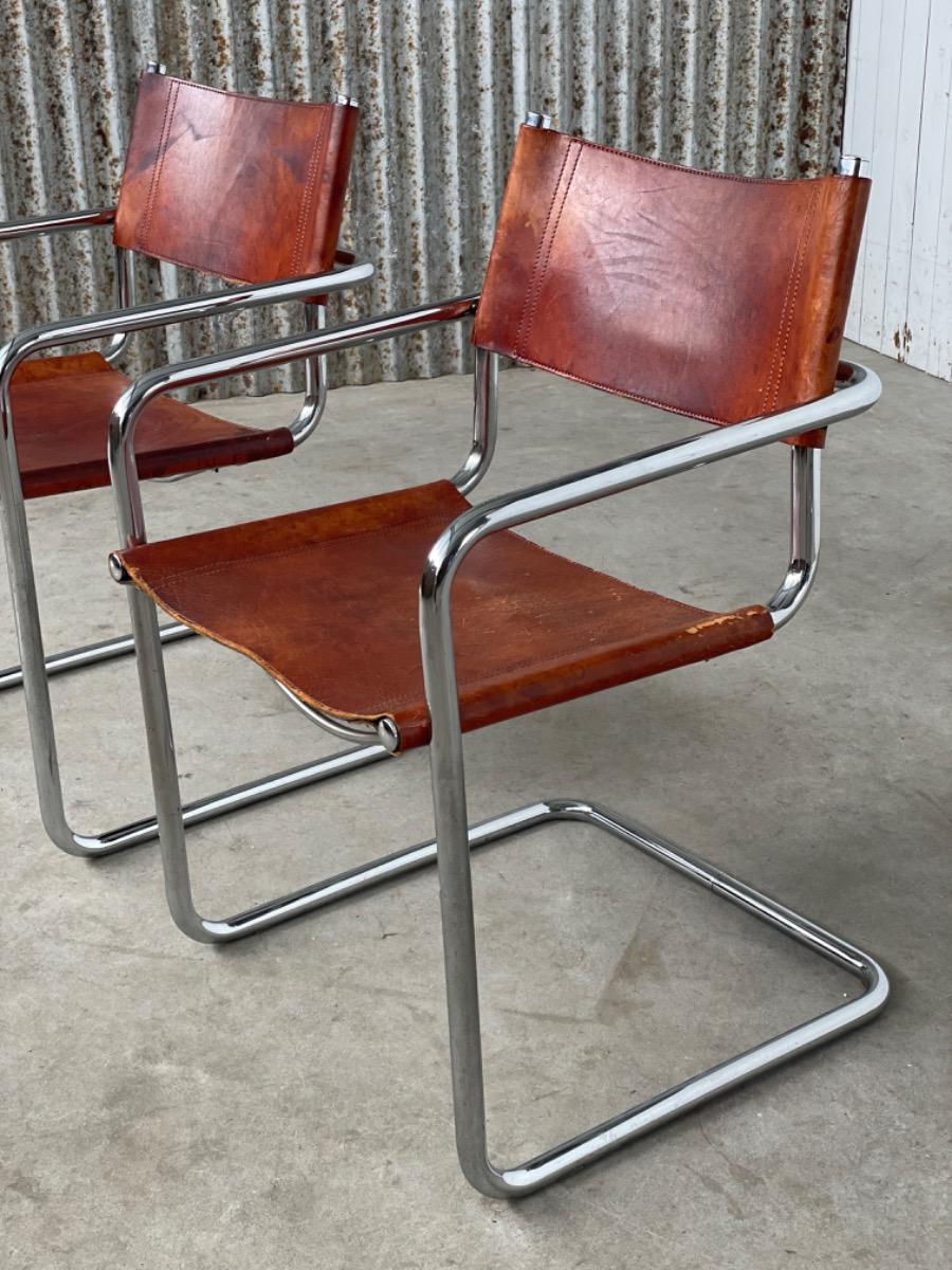 Set vintage dining chairs - MG5 Marcel Breuer - Cognac Brown leather 1960s