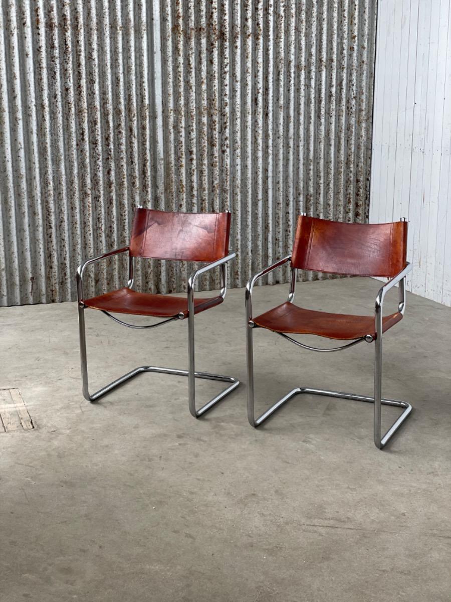 Set vintage dining chairs - MG5 Marcel Breuer - Cognac Brown leather 1960s