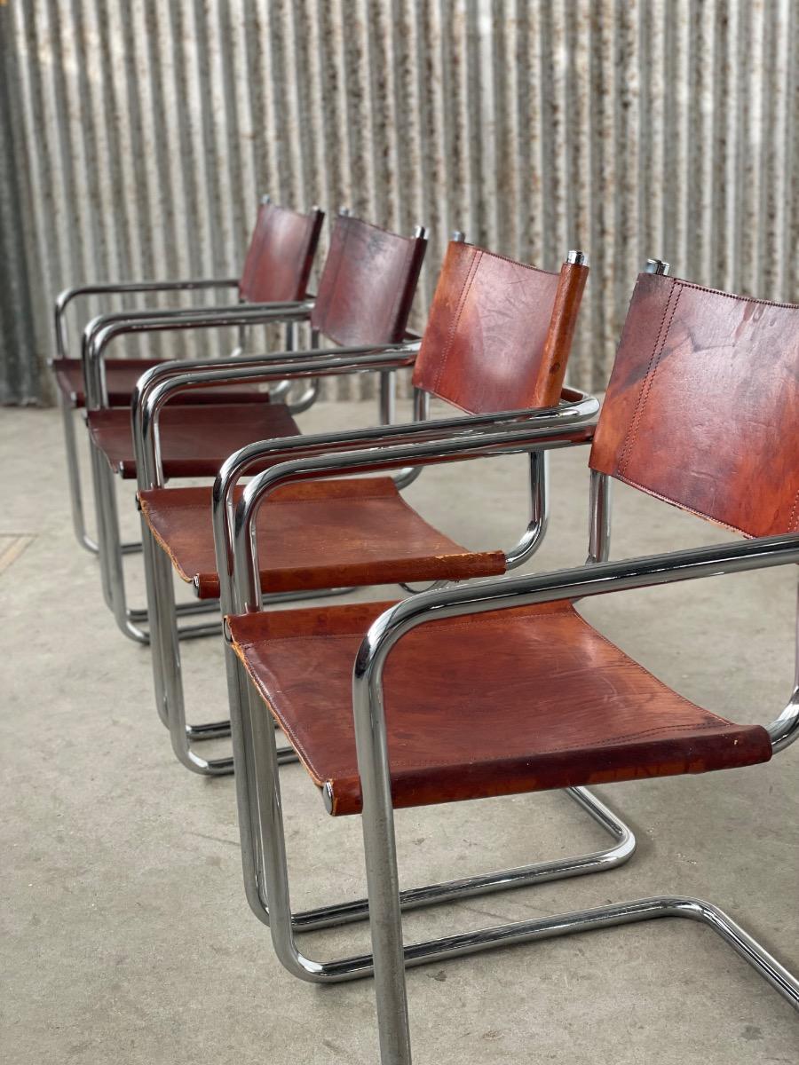 Vintage set 4x diningchairs S34/MG5 with cognac leather, 1970s