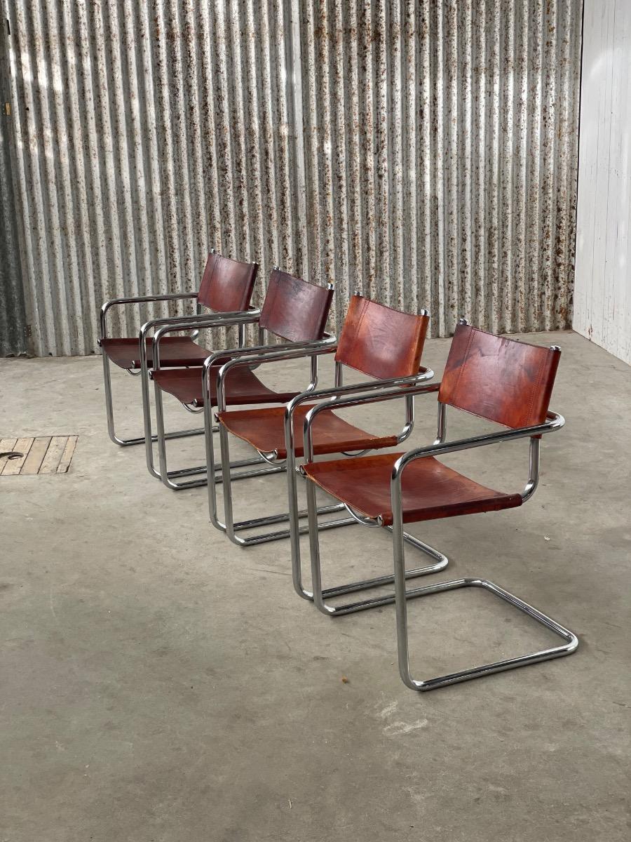 Vintage set 4x diningchairs S34/MG5 with cognac leather, 1970s